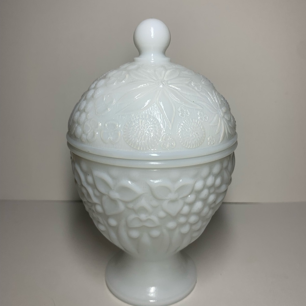 Vintage Milk Glass Avon Candy Dish with Floral Print